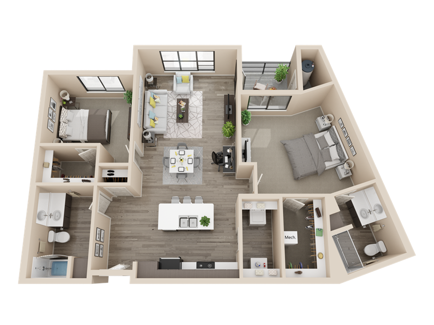 2 bedroom 2 bathroom 1274 sq ft floor plan image at V on Broadway